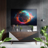 Globe terrestre lumineux à l'anneau orange ardent tableau mural en aluminium brossé Dibond - 60x39 cm