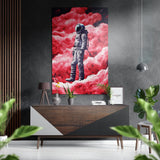 Astronauta in una nube di fumo cremisi quadro in alluminio spazzolato Dibond - 60x39 cm