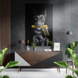 Doberman noir au pistolet doré tableau mural en aluminium brossé Dibond - 60x39 cm