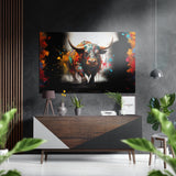 Spotlit Striding Bull Red Burst Brushed Aluminum Dibond Wall Art - 60x39 cm