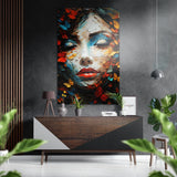Ritratto di donna con foglie d'autunno quadro in alluminio spazzolato Dibond - 60x39 cm