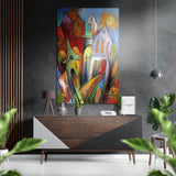 Maisons penchées fantaisistes à flanc de colline tableau mural en aluminium brossé Dibond - 60x39 cm
