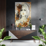 Donna dai capelli bianchi con rose arancioni quadro in alluminio spazzolato Dibond - 60x39 cm