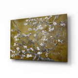 Fleurs Blanches sur Or Olive tableau en verre - 72x46cm