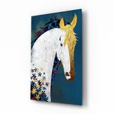 Gold Mane Horse Blue Blooms Glass Wall Art - 72x46 cm