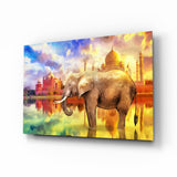 Taj Mahal Sunset Elephant Glass Wall Art - 72x46 cm