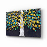 Arbre de Vie Feuilles Turquoise et Or Tronc Blanc tableau en verre - 72x46cm