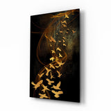 Goldene Vögel über Dunklen Bändern Glasbild - 72x46 cm