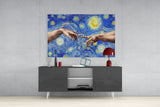 Hands of God and Adam in Van Gogh Style Glass Wall Art.