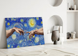 Hands of God and Adam in Van Gogh Style Glass Wall Art.