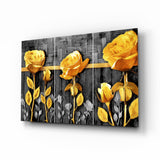 Golden Roses Gray Wood Triptych Glass Wall Art - 72x46 cm