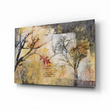 Bare Trees Autumn Collage Script Glass Wall Art - 72x46 cm