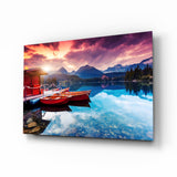 Ciel Cramoisi Maison sur le Lac de Montagne tableau en verre - 72x46cm