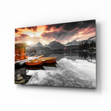 Orange Boats Mountain Lake Selective Color Glass Wall Art - 72x46 cm