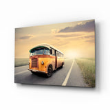 Bus Rétro Coucher de Soleil Doré Autoroute tableau en verre - 72x46cm