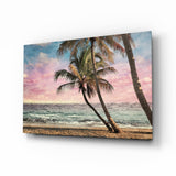 Geneigte Palmen Rosa Sonnenuntergang Strand Glasbild - 72x46 cm