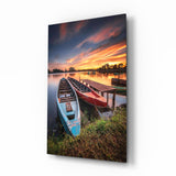 Sunset Rowboats at Wooden Dock Glass Wall Art - 72x46 cm