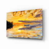 Golden Sunset Rowboats Oil Painting Glass Wall Art - 72x46 cm