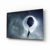 Uomo che Fluttua su Palloncini Luna Piena quadro in vetro - 72x46 cm