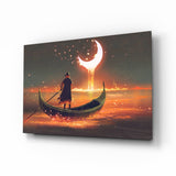 Rematore al Tramonto sotto una Luna Dorata Fusa quadro in vetro - 72x46 cm