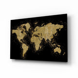 Carte du Monde avec Éclaboussures de Poussière d'Or tableau en verre - 72x46cm
