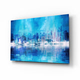Blaue Skyline-Reflexion Glasbild - 72x46 cm
