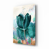 Teal Watercolor Tulip With Paint Splatter Glass Wall Art - 72x46 cm