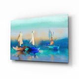 Soft Turquoise Sailboats Impasto Bay Glass Wall Art - 72x46 cm
