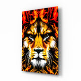 Blazing Fire Lion Portrait Glass Wall Art - 72x46 cm