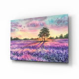 Lavender Field Lone Tree Sunset Glass Wall Art - 72x46 cm
