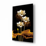 Goldener Lotus auf Fließendem Schwarz Glasbild - 72x46 cm