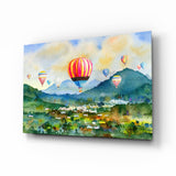 Watercolor Balloons Over Green Valley Glass Wall Art - 72x46 cm