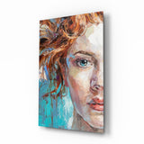 Retrato de Mujer con Espátula Turquesa cuadro de cristal - 72x46 cm