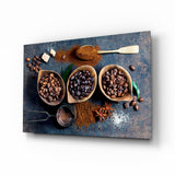 Grains de café et anis étoilé sur table bleue tableau en verre - 72x46 cm