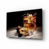 Whiskey Glass With Ice And Cigar Glass Wall Art - 72x46 cm