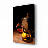 Cognacschwenker mit Eichenfass und Zitrone Glasbild - 72x46 cm