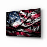 Waving American Flag in Dark Tones Glass Wall Art - 72x46 cm