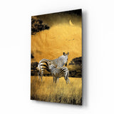 Savane dorée au croissant de lune et zèbres tableau en verre - 72x46 cm