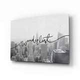 Schwarz-weiße Skyline „Wanderlust“ Glasbild - 72x46 cm