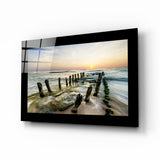 Mossy Posts Beach Sunrise Glass Wall Art - 72x46 cm