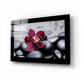 Orchidée bordeaux et galets de spa gris tableau en verre - 72x46 cm
