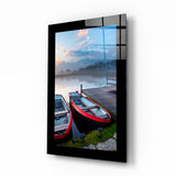 Red Rowboats on Misty Lake Dock Glass Wall Art - 72x46 cm