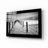 Alba sul molo con ringhiera di corda quadro in vetro - 72x46 cm