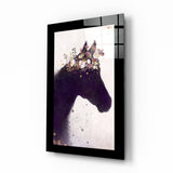 Cavallo con corona floreale dorata quadro in vetro - 72x46 cm
