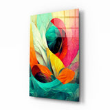 Teal Wave Orange Petal Abstract Glass Wall Art - 72x46 cm