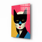 Chat Masqué sur Fond Grille Rose tableau en verre - 72x46 cm
