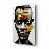 Portrait Collage Bandes de Papier Jaune tableau en verre - 72x46 cm