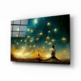 Meditation Fallende Sterne Petrol Glasbild - 72x46 cm