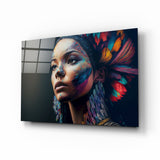 Femme Peinte Coiffe de Plumes Arc-en-ciel tableau en verre - 72x46 cm
