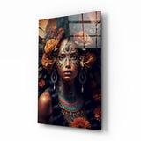 Femme Couronne de Plumes Vertes Roses Orange tableau en verre - 72x46 cm